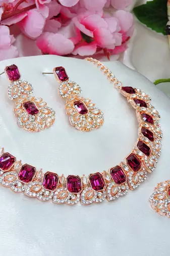 Pink color rhodium plating festive wear designer necklace set