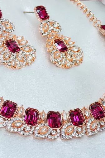 Pink color rhodium plating festive wear designer necklace set