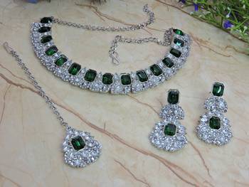 Green color rhodium plating festive wear designer necklace set 2