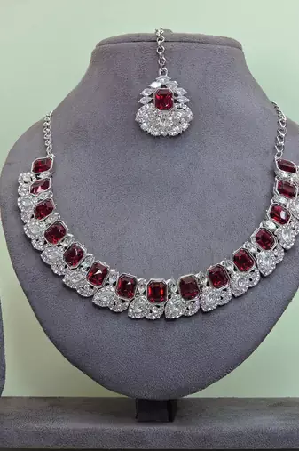 Maroon color rhodium plating festive wear designer necklace set