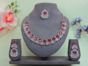 Pink color rhodium plating festive wear designer necklace set 1