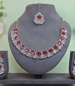 Pink color rhodium plating festive wear designer necklace set