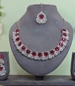 Pink color rhodium plating festive wear designer necklace set