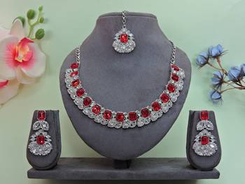 Red color rhodium plating festive wear designer necklace set 1