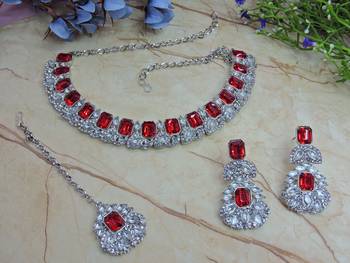 Red color rhodium plating festive wear designer necklace set 2