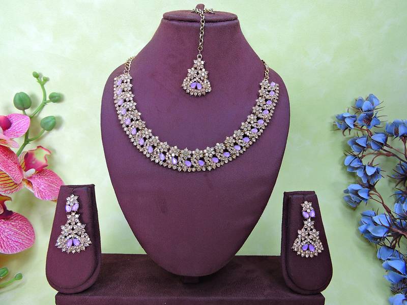 Purple color yellow gold plating festive wear designer necklace set