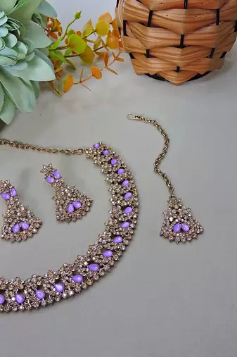 Purple color yellow gold plating festive wear designer necklace set