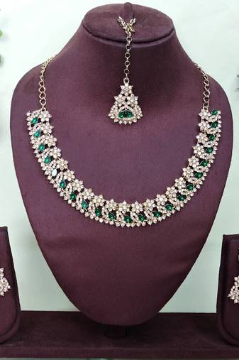 Green color yellow gold plating festive wear designer necklace set