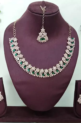 Green color yellow gold plating festive wear designer necklace set