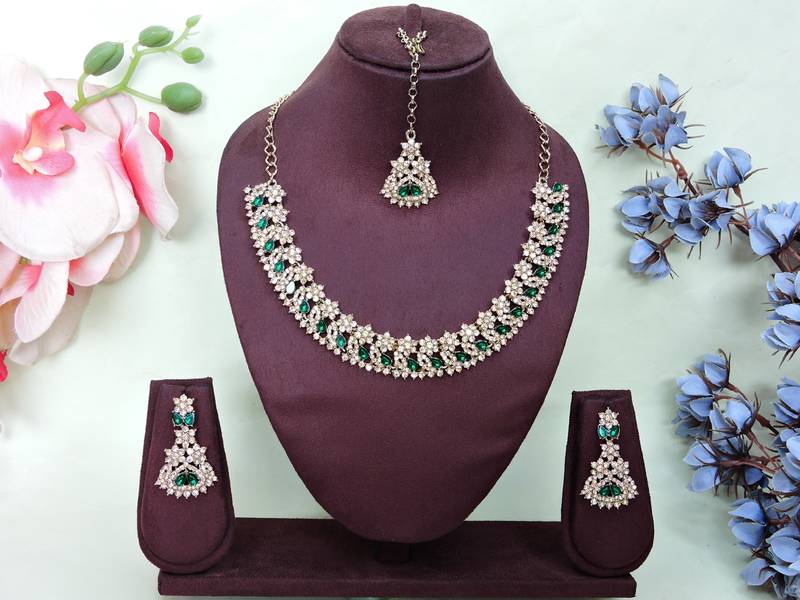 Green color yellow gold plating festive wear designer necklace set