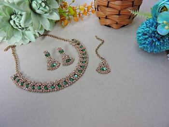 Green color yellow gold plating festive wear designer necklace set 2