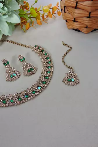 Green color yellow gold plating festive wear designer necklace set