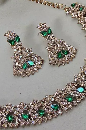 Green color yellow gold plating festive wear designer necklace set