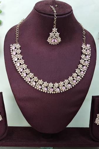 Pink color yellow gold plating festive wear designer necklace set