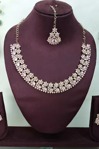 Pink color yellow gold plating festive wear designer necklace set