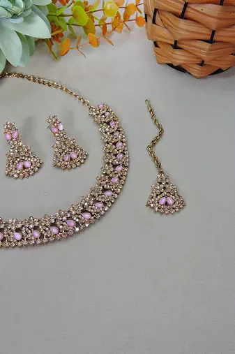 Pink color yellow gold plating festive wear designer necklace set
