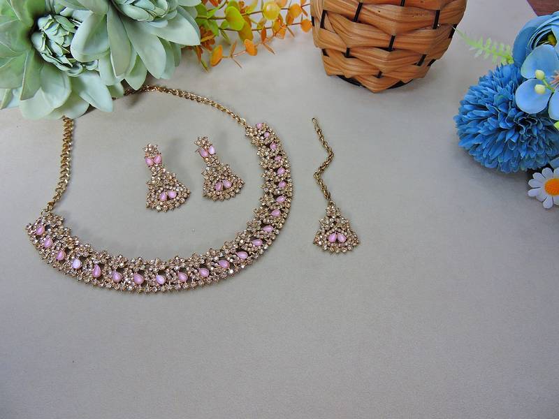 Pink color yellow gold plating festive wear designer necklace set