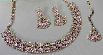 Pink color yellow gold plating festive wear designer necklace set 3