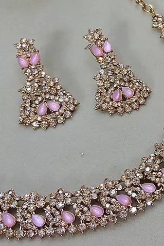Pink color yellow gold plating festive wear designer necklace set