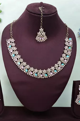 Green color yellow gold plating festive wear designer necklace set