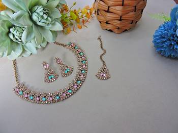 Green color yellow gold plating festive wear designer necklace set 2