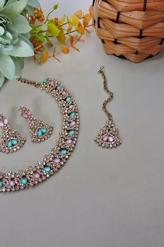 Green color yellow gold plating festive wear designer necklace set