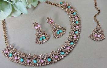Green color yellow gold plating festive wear designer necklace set 3
