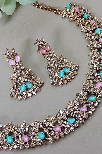 Green color yellow gold plating festive wear designer necklace set