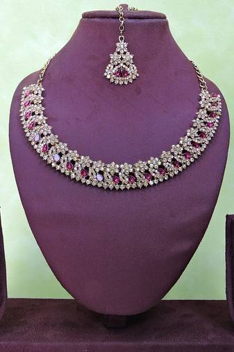 Purple color yellow gold plating festive wear designer necklace set