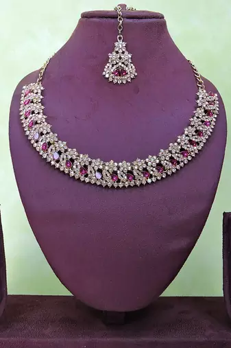Purple color yellow gold plating festive wear designer necklace set