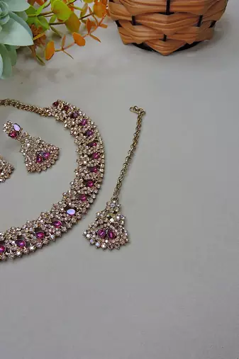 Purple color yellow gold plating festive wear designer necklace set