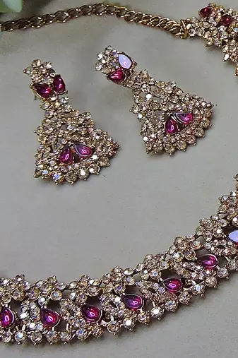 Purple color yellow gold plating festive wear designer necklace set