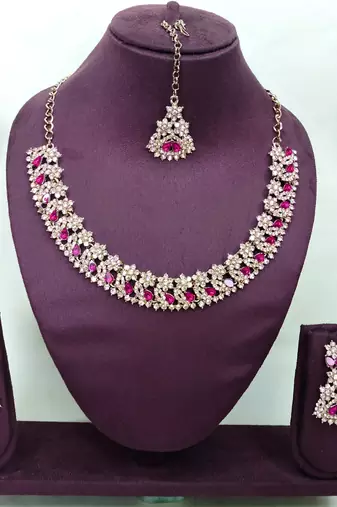 Pink color yellow gold plating festive wear designer necklace set