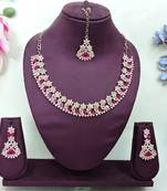 Pink color yellow gold plating festive wear designer necklace set