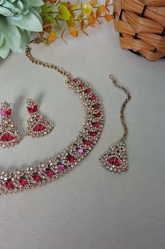 Pink color yellow gold plating festive wear designer necklace set