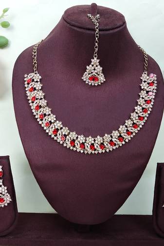 Red color yellow gold plating festive wear designer necklace set