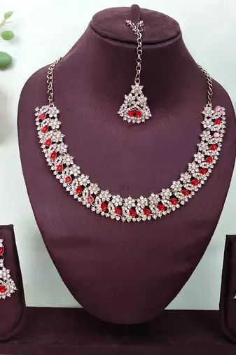 Red color yellow gold plating festive wear designer necklace set