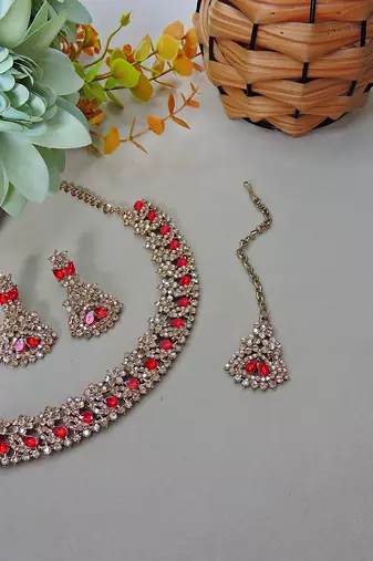 Red color yellow gold plating festive wear designer necklace set