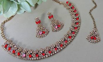 Red color yellow gold plating festive wear designer necklace set 3