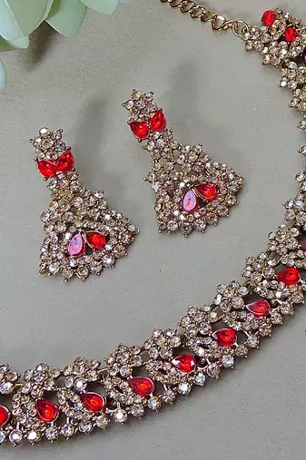 Red color yellow gold plating festive wear designer necklace set