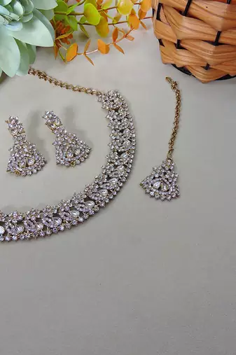 White color yellow gold plating festive wear designer necklace set