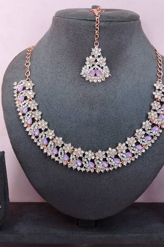 Pink color rhodium plating festive wear designer necklace set