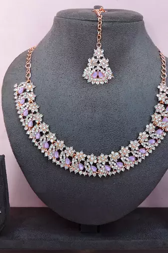 Pink color rhodium plating festive wear designer necklace set