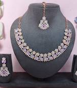 Pink color rhodium plating festive wear designer necklace set