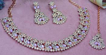 Pink color rhodium plating festive wear designer necklace set 2