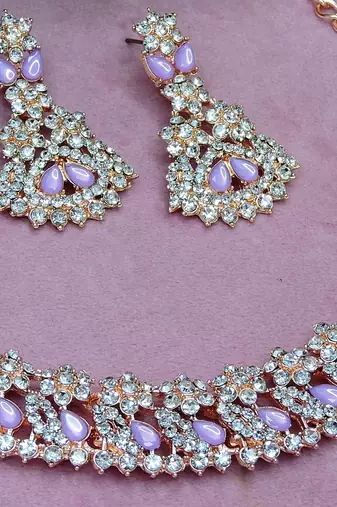 Pink color rhodium plating festive wear designer necklace set