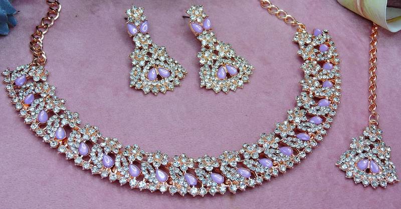 Pink color rhodium plating festive wear designer necklace set