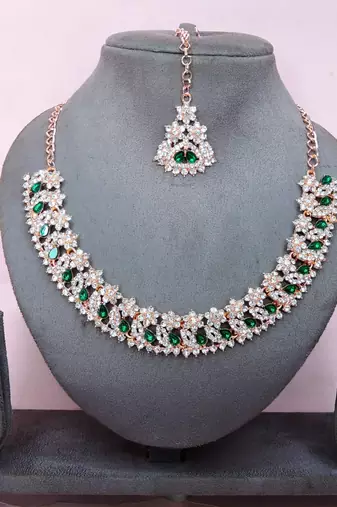 Green color rhodium plating festive wear designer necklace set