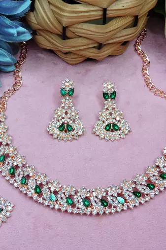 Green color rhodium plating festive wear designer necklace set