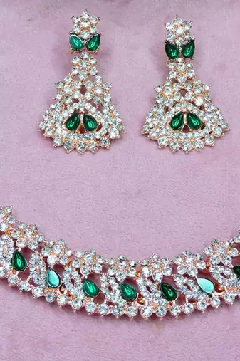 Green color rhodium plating festive wear designer necklace set